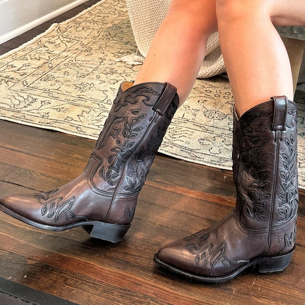 Frye Vintage Billy Dark Brown Leather Western Cowgirl Boots Size 8